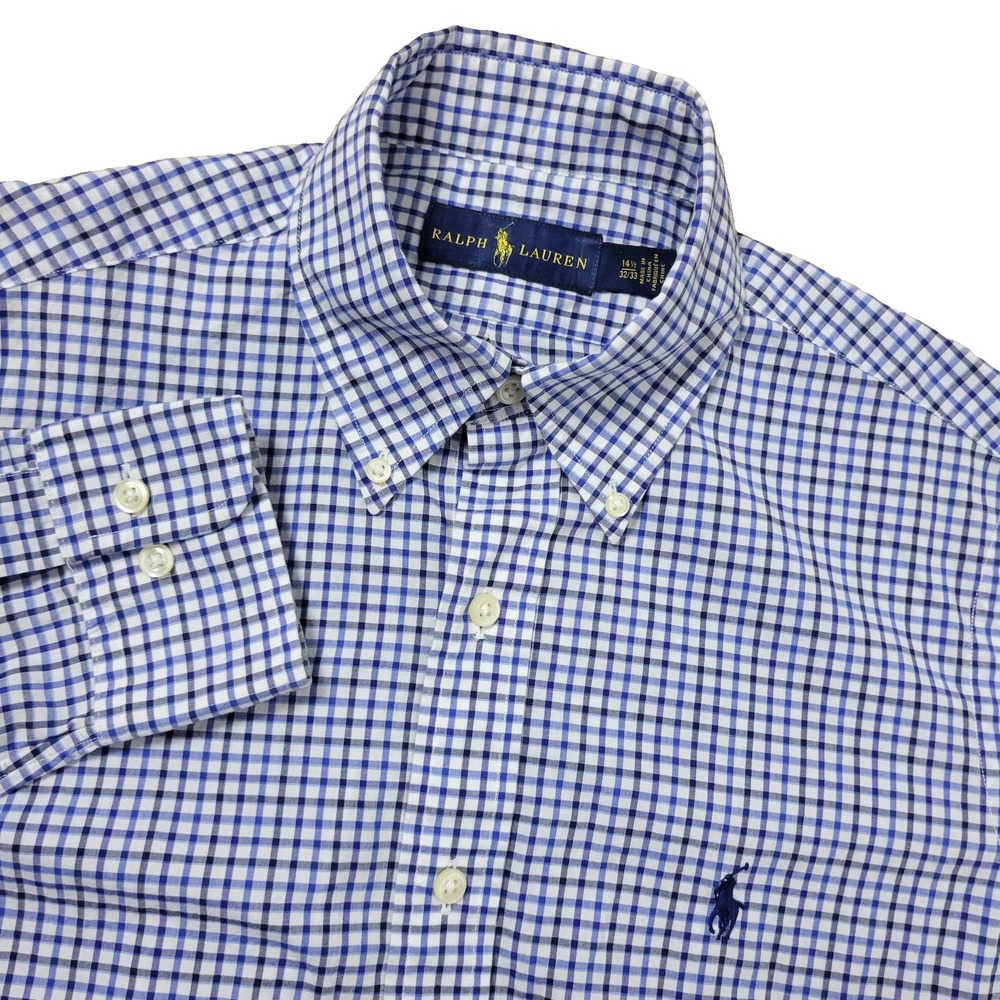 Ralph Lauren Mens 14.5-32/33 White Blue Black Check Pony Button Down Long Sleeve